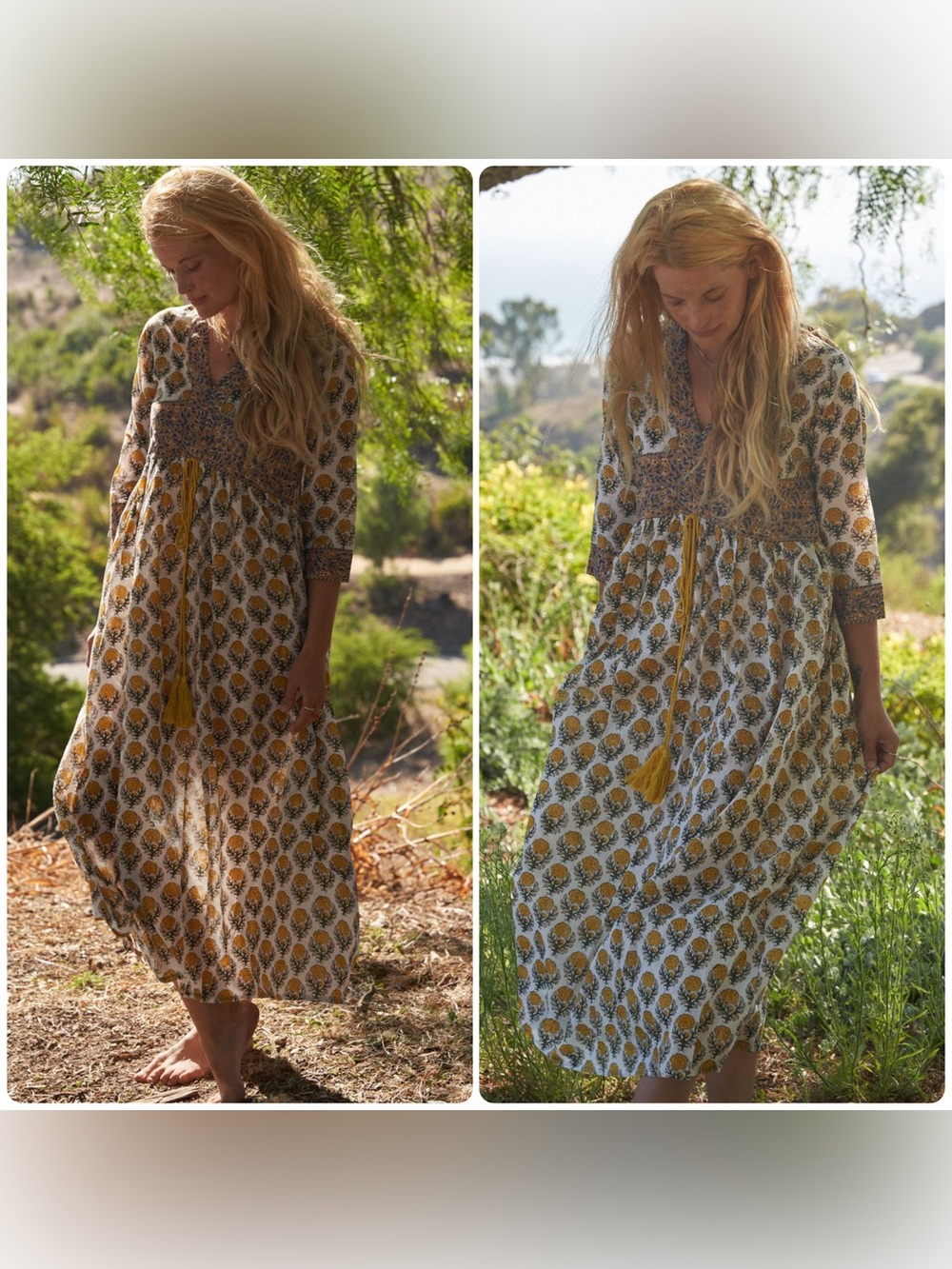 New! Indigo By Boutin The Dijon Boho Tassel Midi Dress Yellow Floral  🌼 XS/S